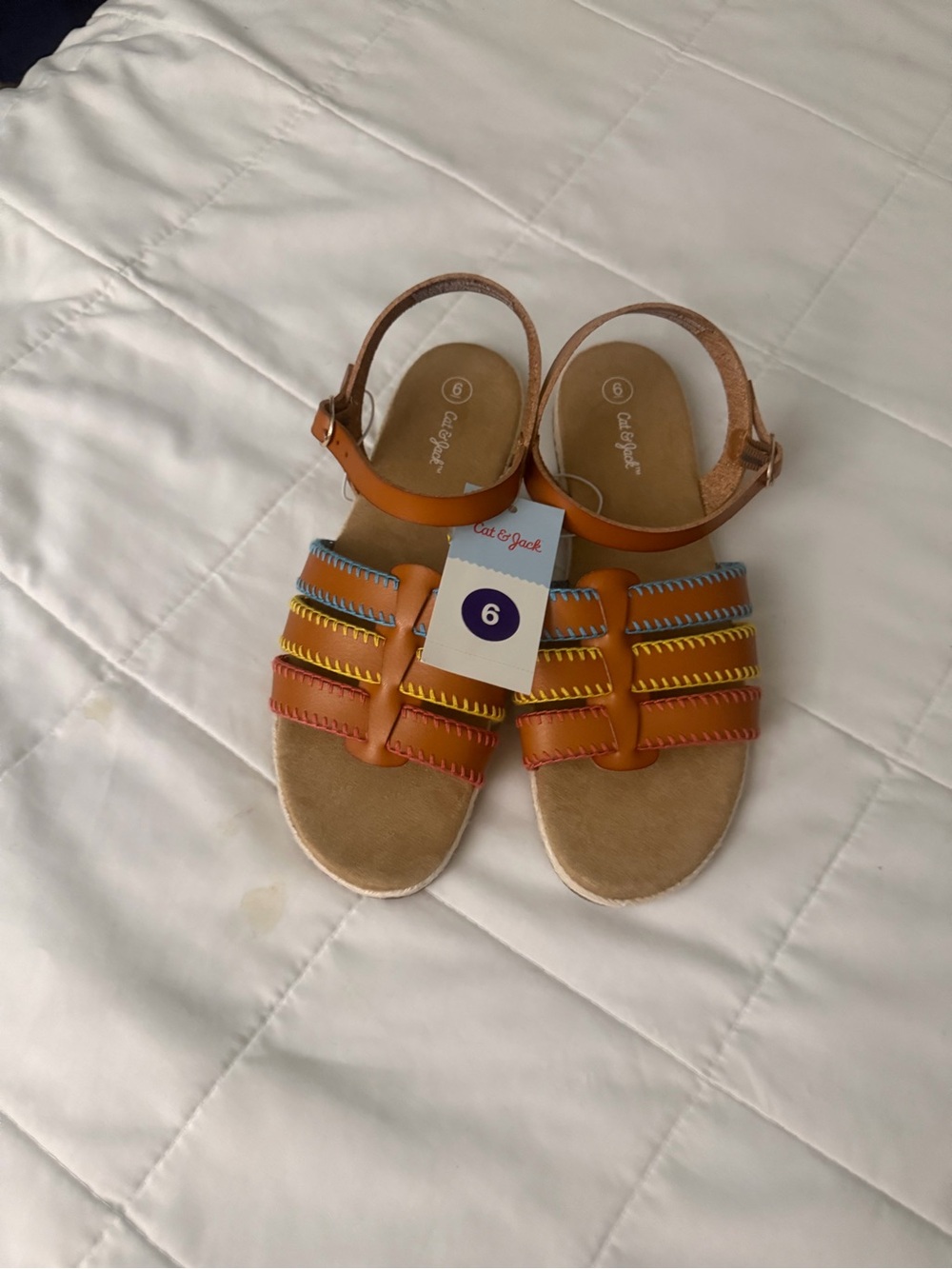 Cat & Jack Tan Sandals with Orange, Blue and Yellow Stitching - Girls